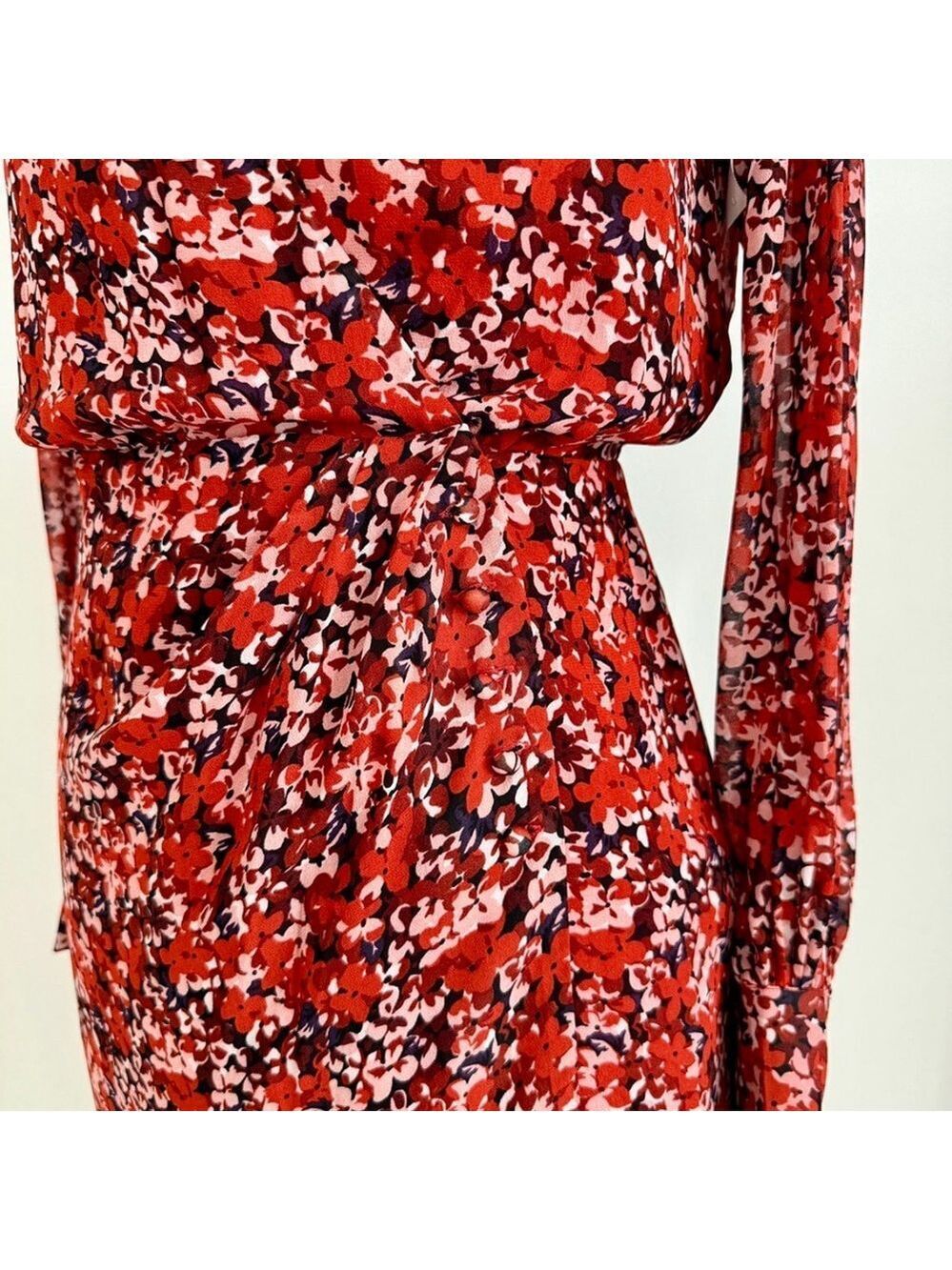 The Kooples Red Floral Long Sheer Sleeve Mini Wrap Dress Womens Size 0 Paris - Picture 3 of 15